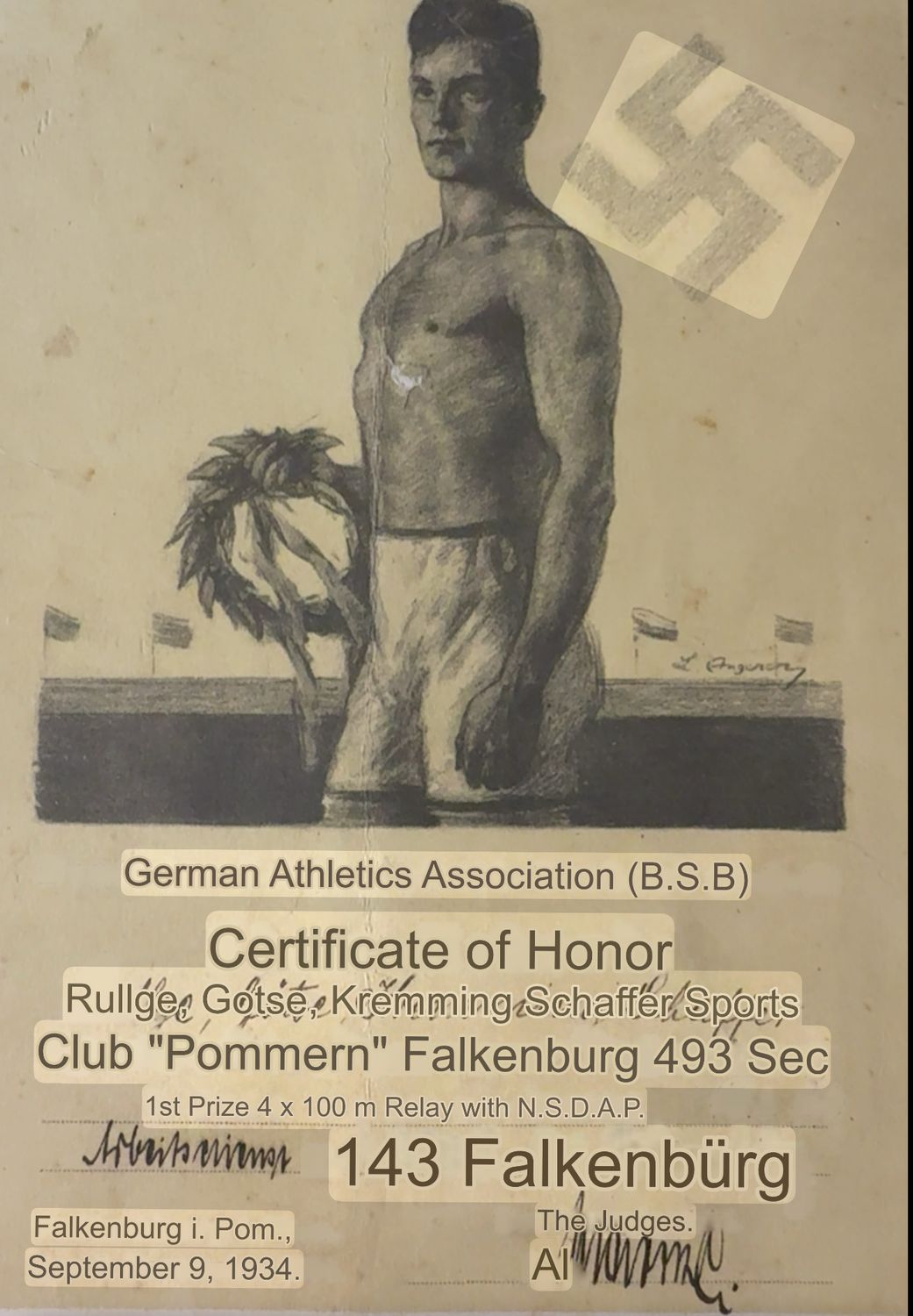 FACEBOOK AUCTION - German 3rd Reich Athletics Association Ehren Urkunde For 4x100 Relay Race September 1934, Large Swaz