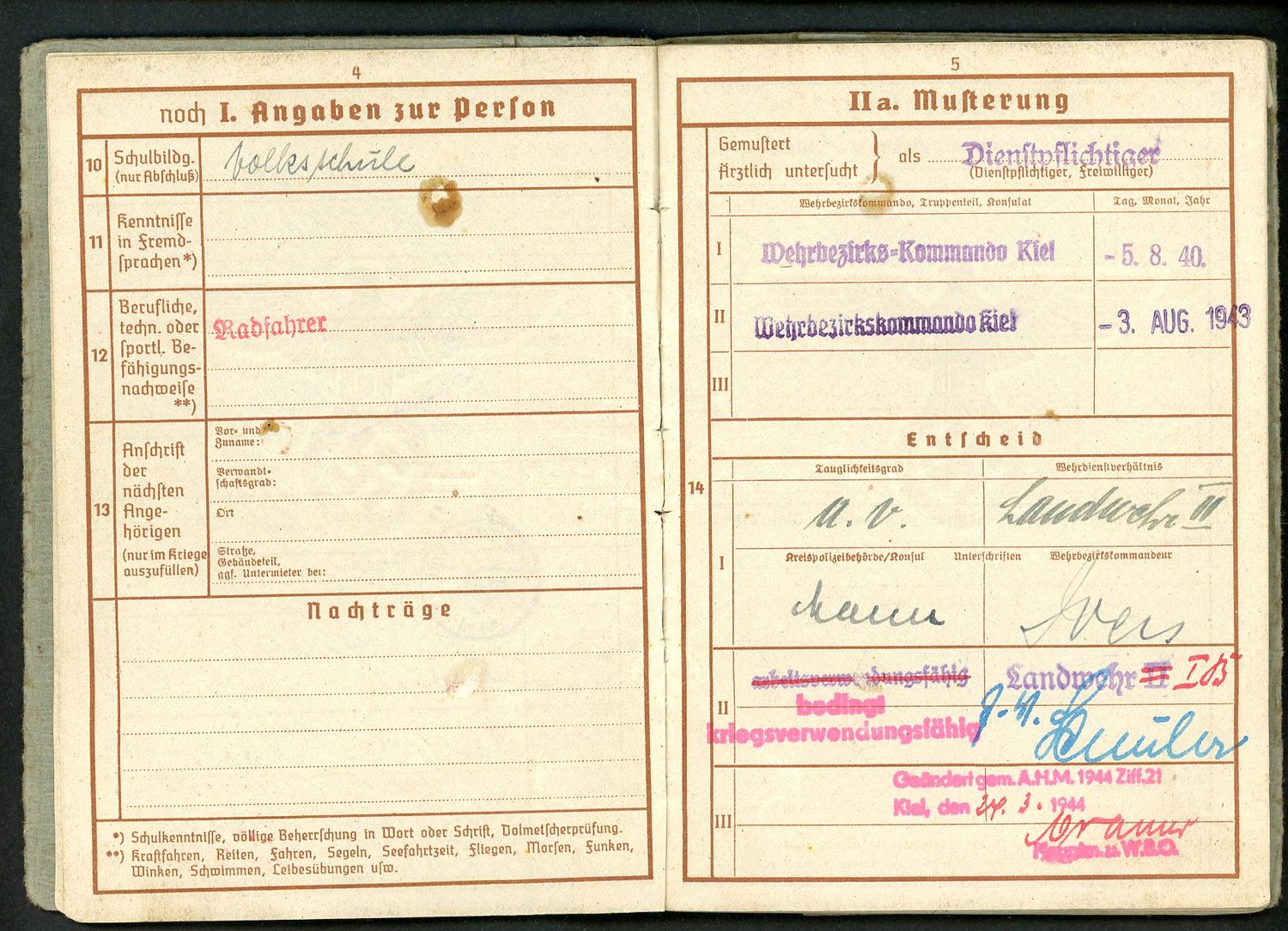 FACEBOOK AUCTION - German WW2 Wehrpass, 2nd Pattern, Bruno Grapengeter, Born in Kiel,  * B