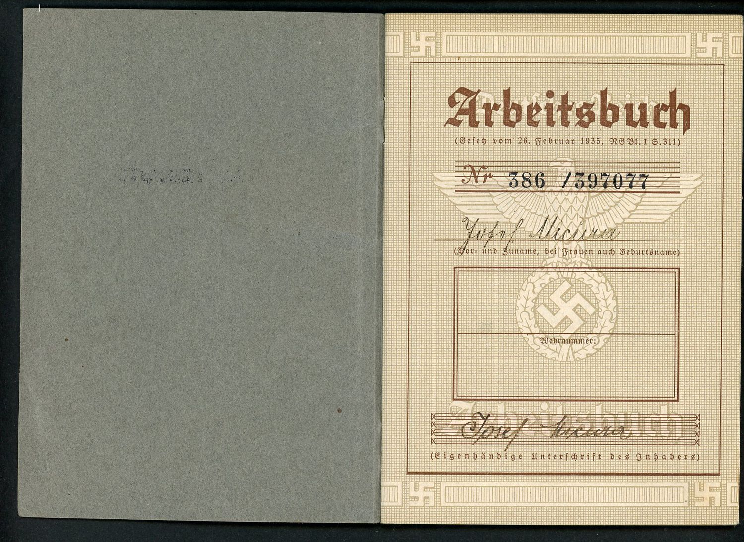 FACEBOOK AUCTION - German Third Reich Arbeitsbuch, 2nd Pattern, Josef Micura, Fliegerhorstkommandantur Markersdorf *