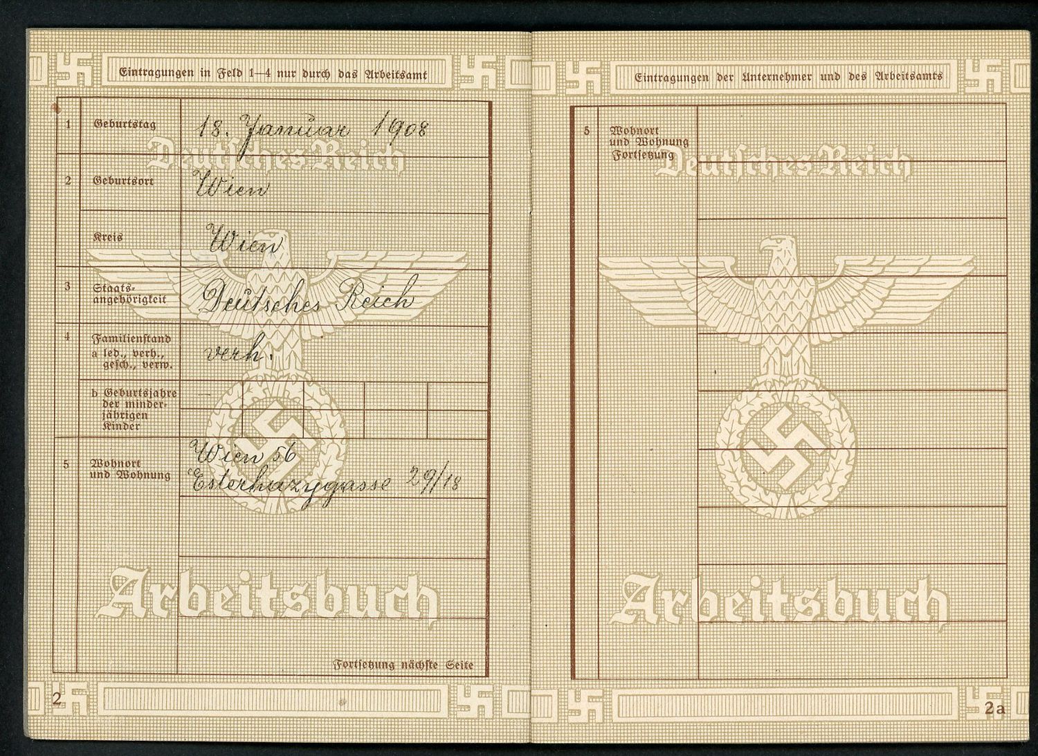 FACEBOOK AUCTION - German Third Reich Arbeitsbuch, 2nd Pattern, Josef Micura, Fliegerhorstkommandantur Markersdorf *