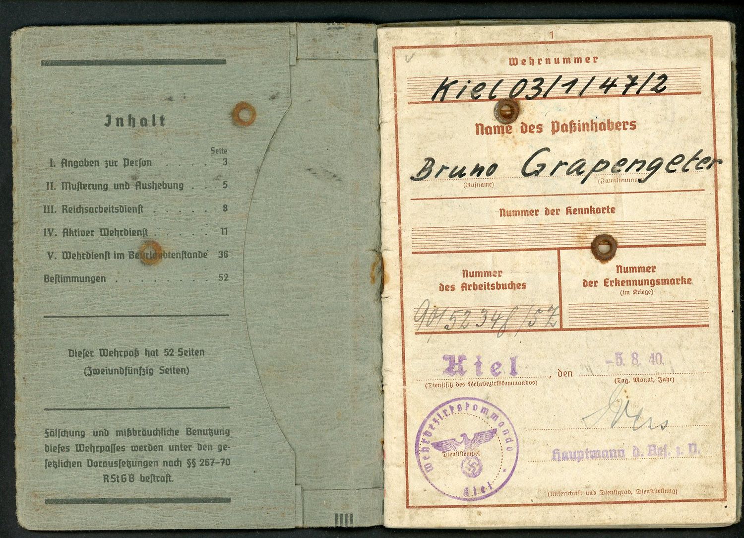 FACEBOOK AUCTION - German WW2 Wehrpass, 2nd Pattern, Bruno Grapengeter, Born in Kiel,  * B