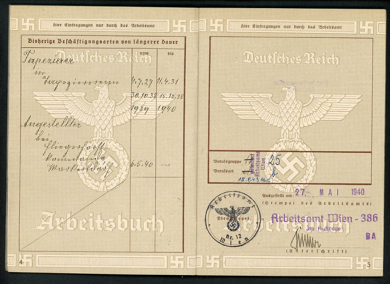 FACEBOOK AUCTION - German Third Reich Arbeitsbuch, 2nd Pattern, Josef Micura, Fliegerhorstkommandantur Markersdorf *