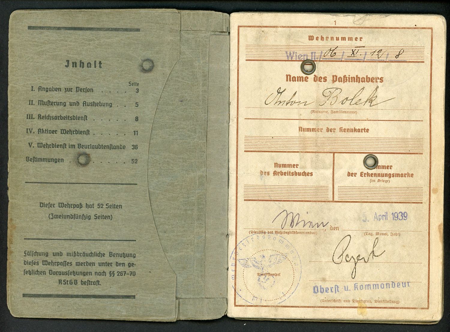 FACEBOOK AUCTION - German WW2 Wehrpass, 2nd Pattern, Franz Bolek, A *