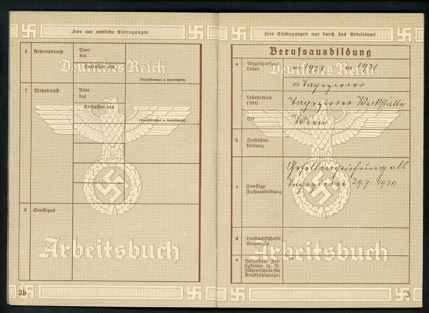 FACEBOOK AUCTION - German Third Reich Arbeitsbuch, 2nd Pattern, Josef Micura, Fliegerhorstkommandantur Markersdorf *