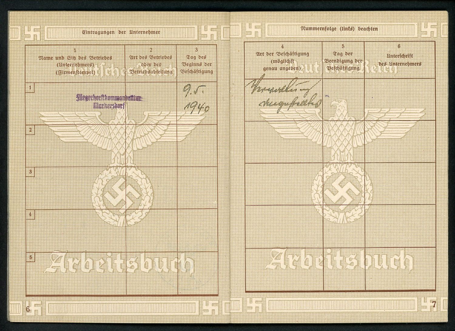 FACEBOOK AUCTION - German Third Reich Arbeitsbuch, 2nd Pattern, Josef Micura, Fliegerhorstkommandantur Markersdorf *