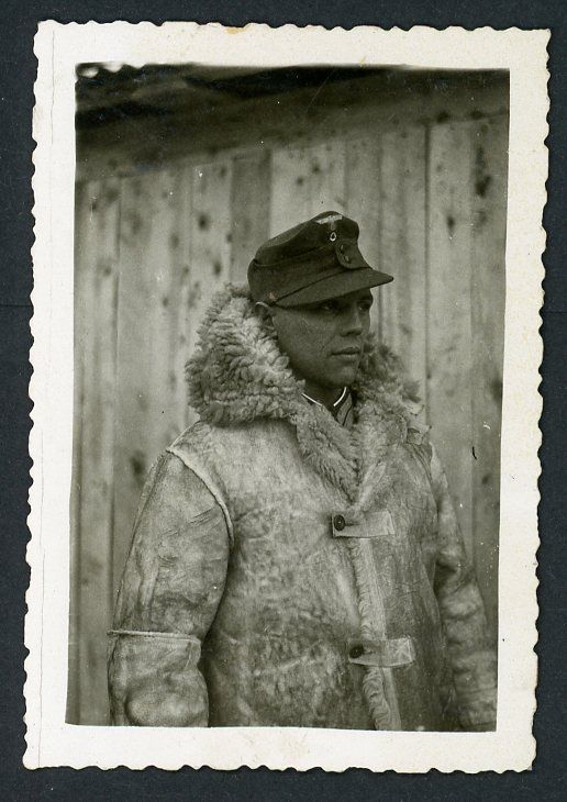 FACEBOOK AUCTION - German WW2 Photo Finland Wehrmacht Soldier in M43 Field Hat &amp; Animal Skin Winter Fur Lined Coat