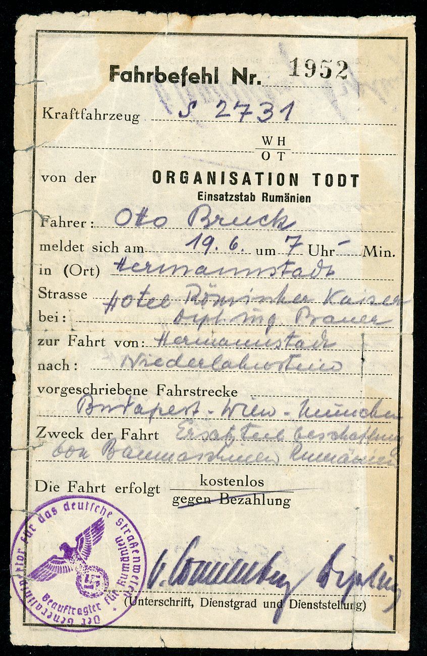 FACEBOOK AUCTION - Rare Org Todt Romanian Task Force Driver Authorization Document, German WW2, Eagle/Swaz Ink Stamp