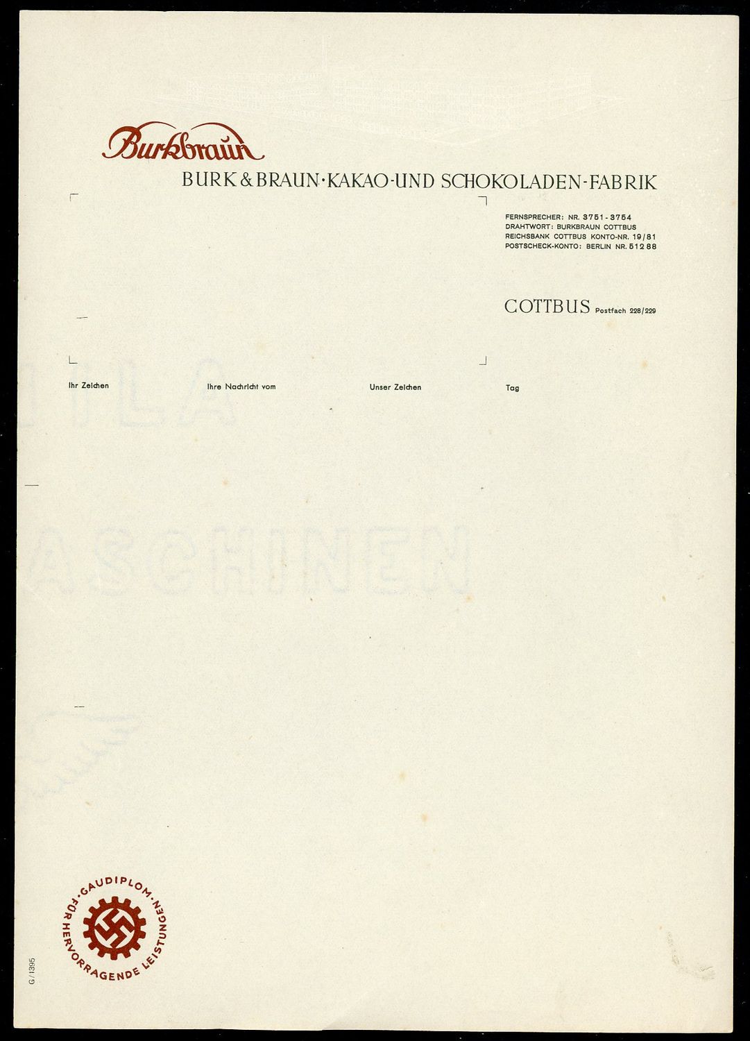 FACEBOOK AUCTION - 3rd Reich Stationary Burk &amp; Braun Cocoa &amp; Chocolate Factory w/ DAF Cog Wheel Swaz, Cottbus