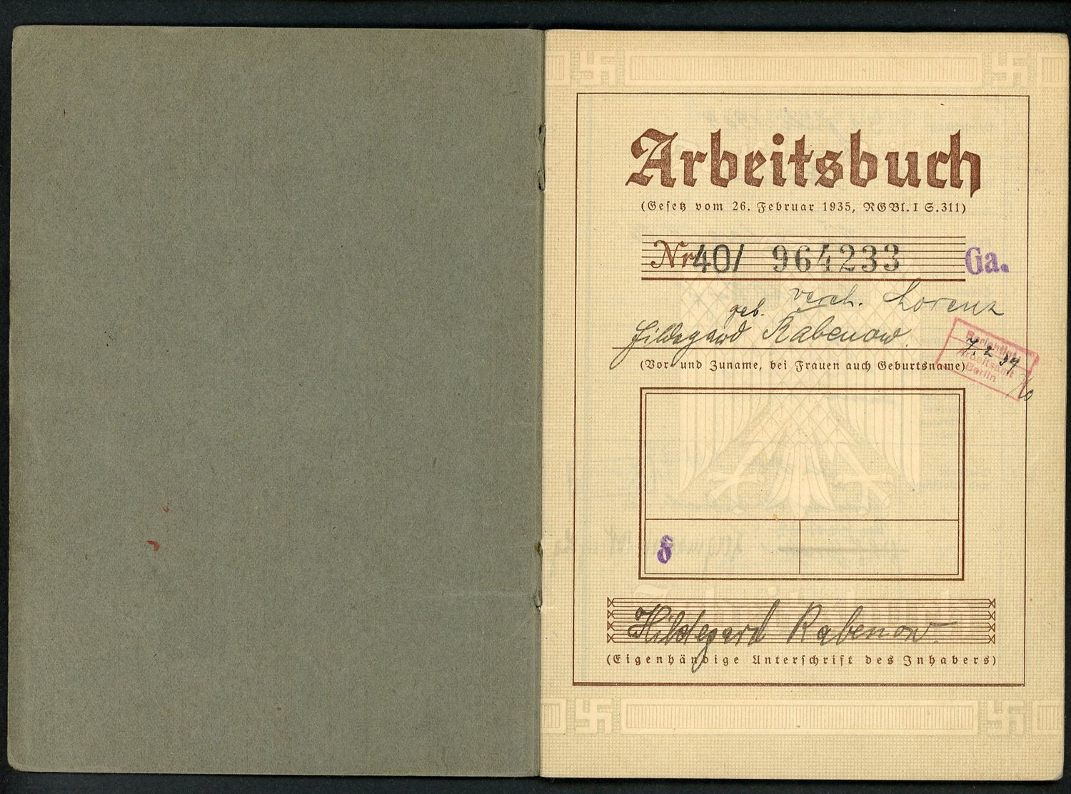 FACEBOOK AUCTION - German 3rd Reich Arbeitsbuch Book, 16 Work Entries, Kitchen Cook Jobs, Deutsche Reichsbahn, Polizei President Berlin, Etc. Etc.