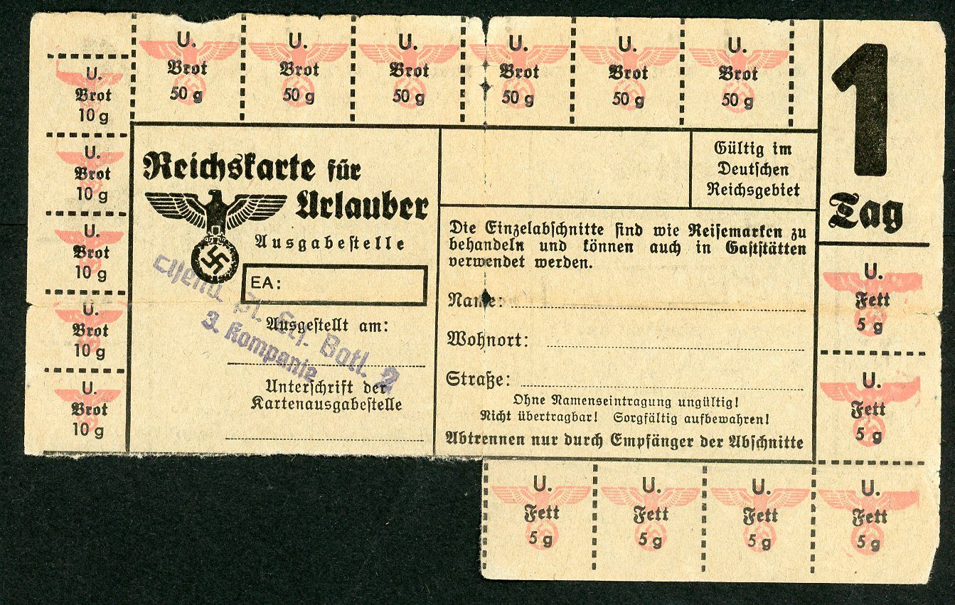 FACEBOOK AUCTION - German WW2 Photo Ration Card For Vacationers Reichskarte fur Urlauber, Bread &amp; Fat, Eagle/Swaz + Military Unit Ink Stamp