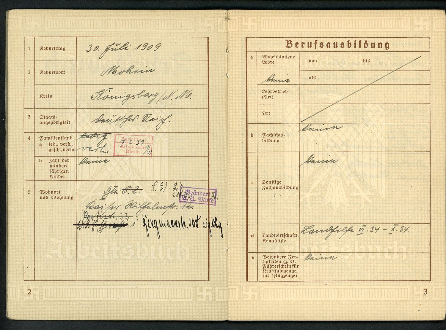 FACEBOOK AUCTION - German 3rd Reich Arbeitsbuch Book, 16 Work Entries, Kitchen Cook Jobs, Deutsche Reichsbahn, Polizei President Berlin, Etc. Etc.