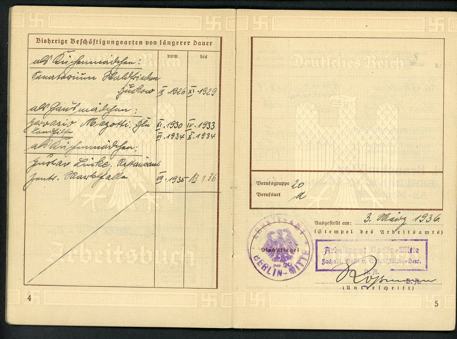 FACEBOOK AUCTION - German 3rd Reich Arbeitsbuch Book, 16 Work Entries, Kitchen Cook Jobs, Deutsche Reichsbahn, Polizei President Berlin, Etc. Etc.