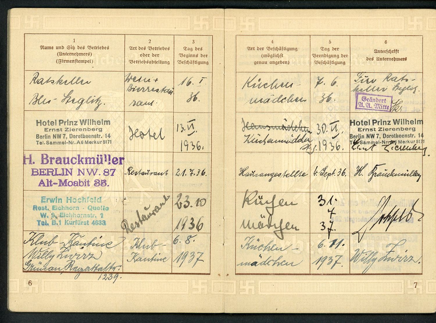 FACEBOOK AUCTION - German 3rd Reich Arbeitsbuch Book, 16 Work Entries, Kitchen Cook Jobs, Deutsche Reichsbahn, Polizei President Berlin, Etc. Etc.