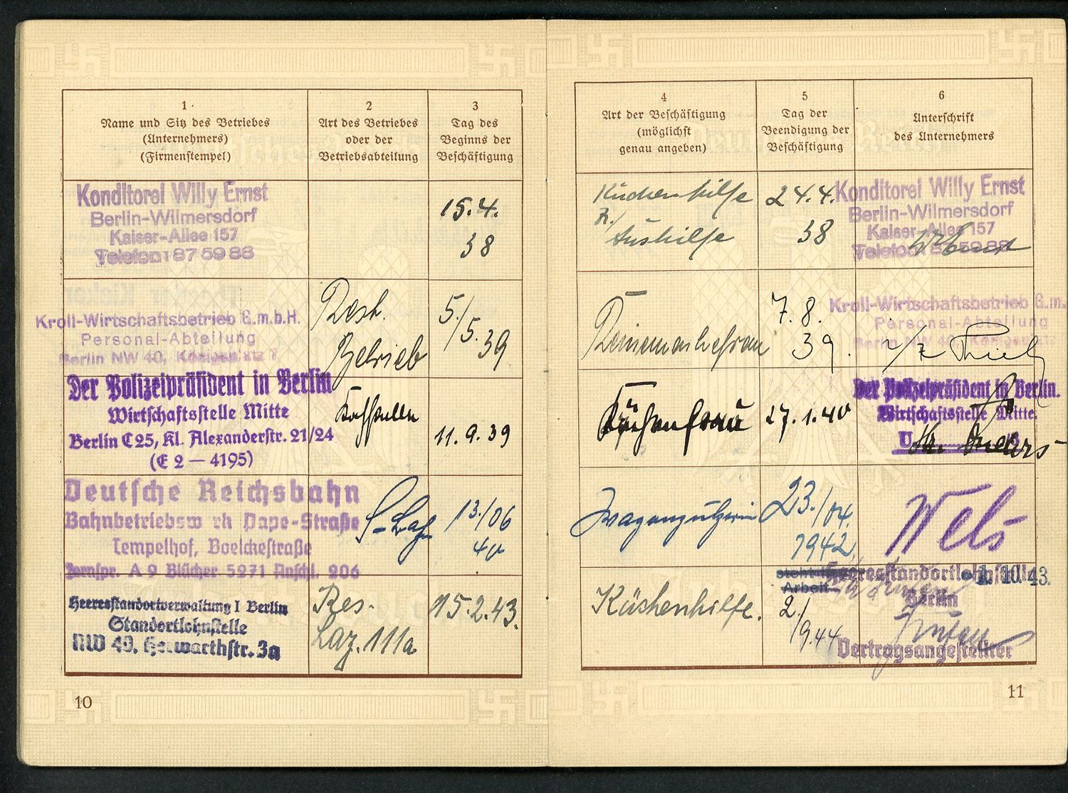 FACEBOOK AUCTION - German 3rd Reich Arbeitsbuch Book, 16 Work Entries, Kitchen Cook Jobs, Deutsche Reichsbahn, Polizei President Berlin, Etc. Etc.