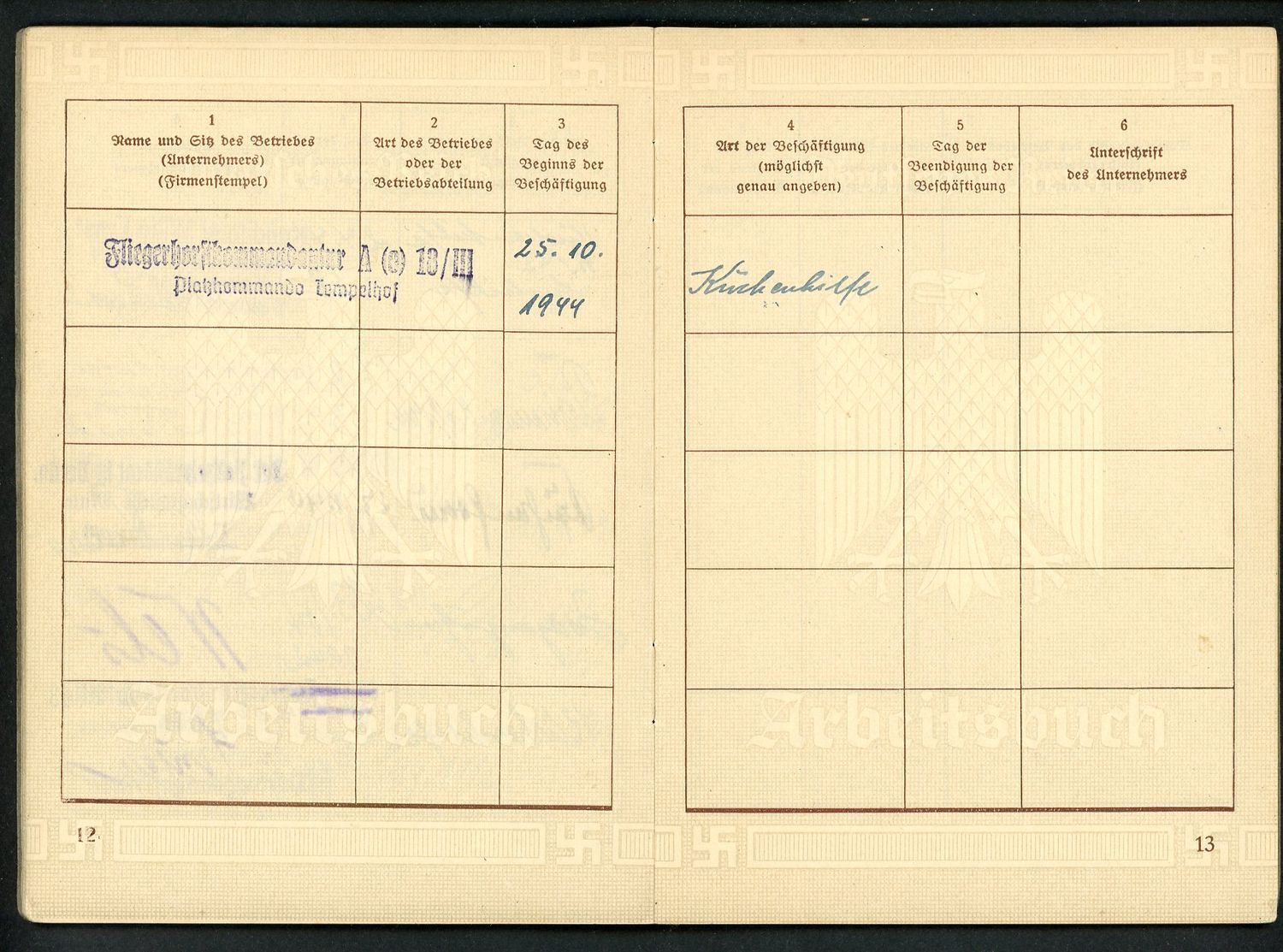 FACEBOOK AUCTION - German 3rd Reich Arbeitsbuch Book, 16 Work Entries, Kitchen Cook Jobs, Deutsche Reichsbahn, Polizei President Berlin, Etc. Etc.