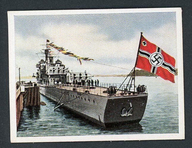 FACEBOOK AUCTION - German 3rd Reich Cigarette Card - Kriegsmarine Kreuzer Karlsruhe Ship with Massive Swaz War Flag !