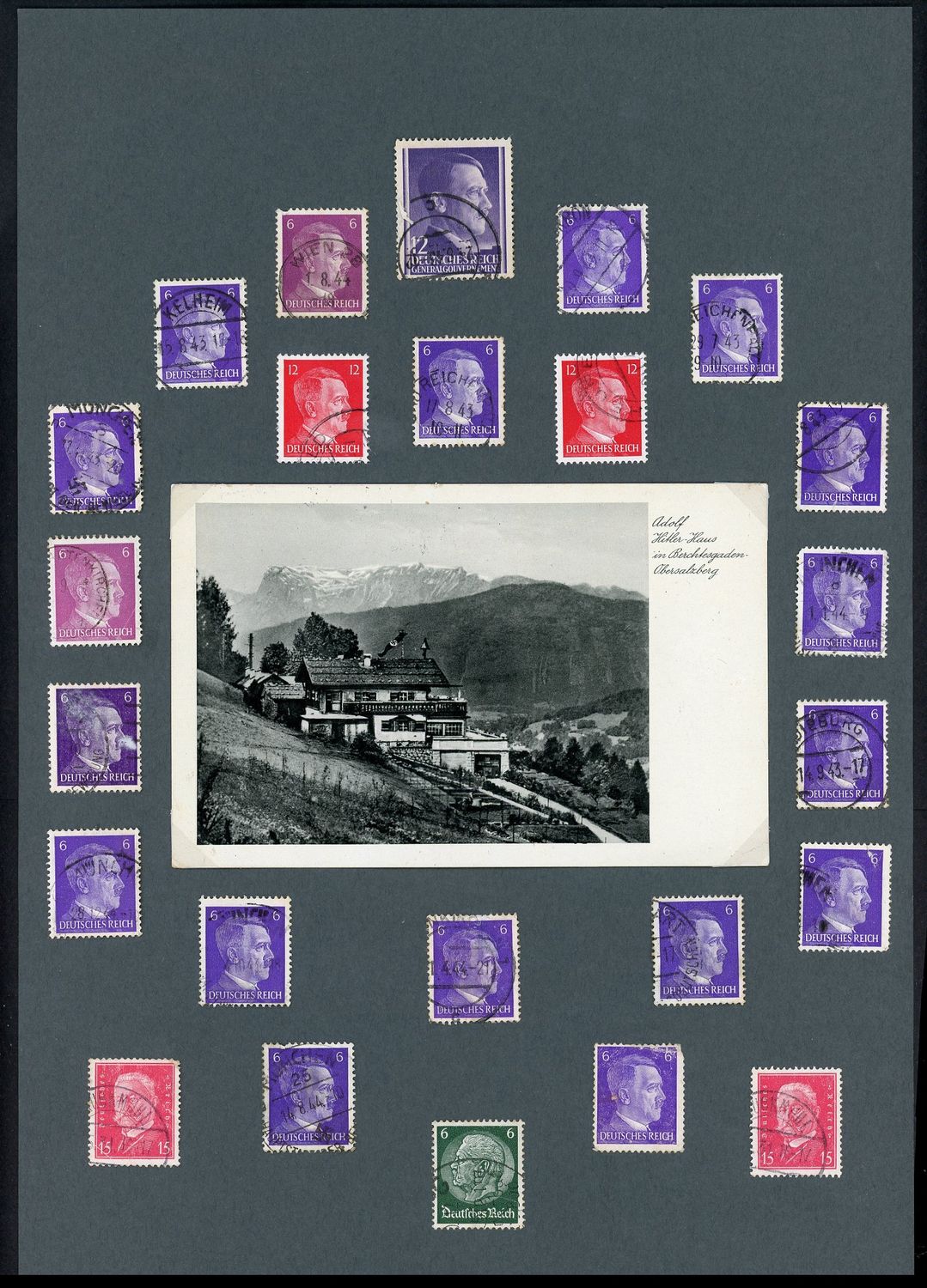 FACEBOOK AUCTION - Adolf H!tler Fanatic&#39;s Shrine To Der Furher: Postcard of The Berchtesgaden House Surrounded By Various Adolf Postage Stamps!