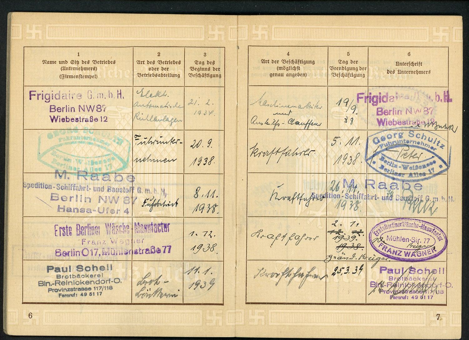 FACEBOOK AUCTION - German Third Reich Arbeitsbuch, Truck Driver For Frigidaire, Various Bread Bakeries, Fliegerhorst Berlin, 8 Job Entries