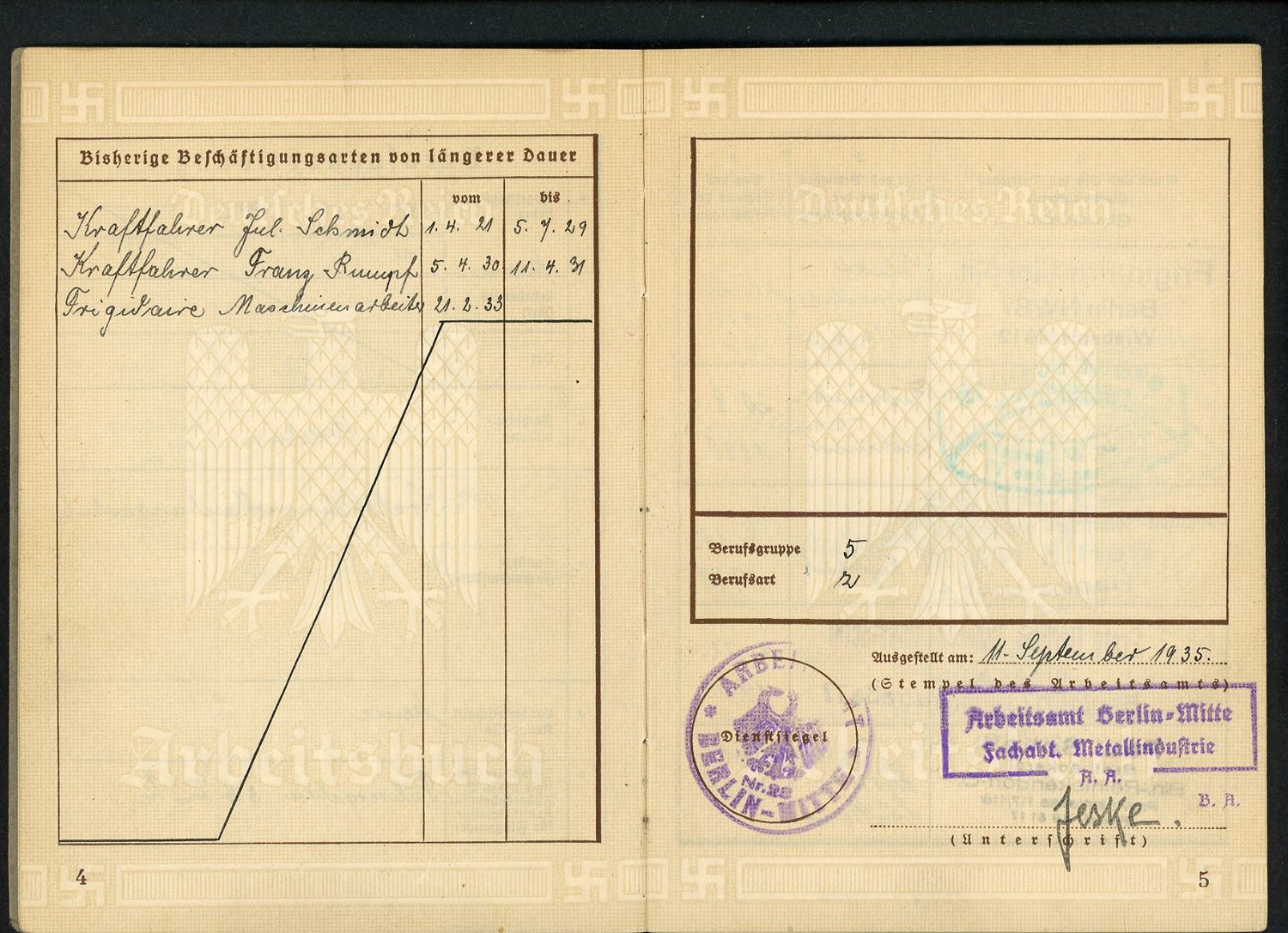 FACEBOOK AUCTION - German Third Reich Arbeitsbuch, Truck Driver For Frigidaire, Various Bread Bakeries, Fliegerhorst Berlin, 8 Job Entries