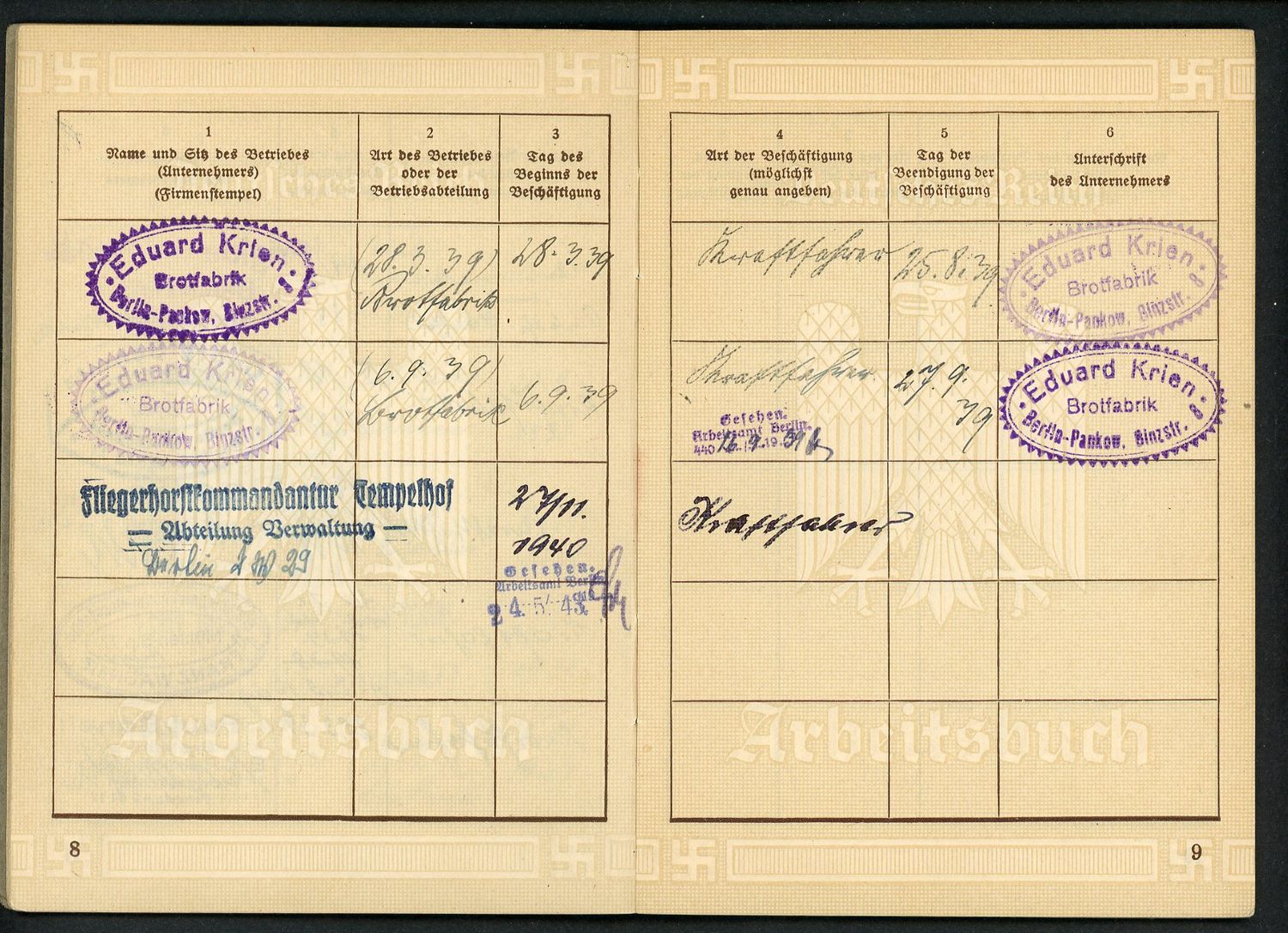 FACEBOOK AUCTION - German Third Reich Arbeitsbuch, Truck Driver For Frigidaire, Various Bread Bakeries, Fliegerhorst Berlin, 8 Job Entries