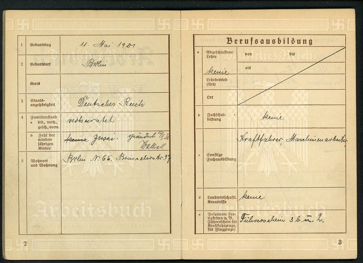 FACEBOOK AUCTION - German Third Reich Arbeitsbuch, Truck Driver For Frigidaire, Various Bread Bakeries, Fliegerhorst Berlin, 8 Job Entries
