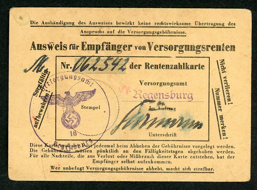 FACEBOOK AUCTION - German WW2 Ausweis fur Empfanger - ID Card For Pensioners, Regensberg, Partei Eagle / Swaz Ink Stamp