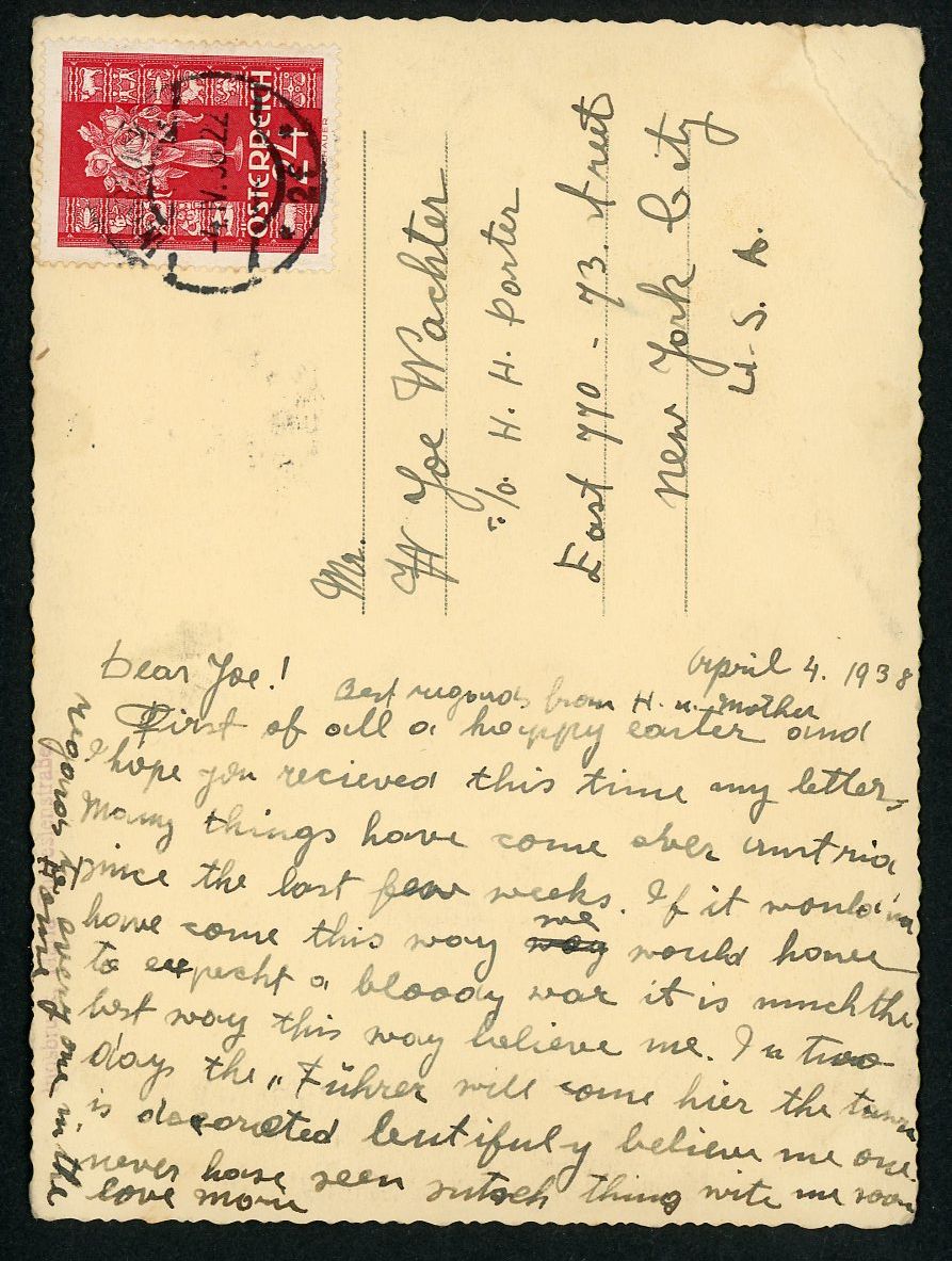 FACEBOOK AUCTION - Third Reich Postcard Innsbruck Austria Large Swaz On Mountain Top, English Writing On Back About Fuhrer&#39;s Visit and Mailed To New York City 1938