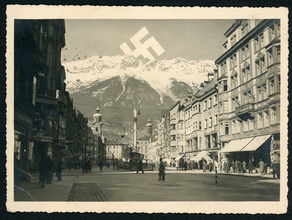 FACEBOOK AUCTION - Third Reich Postcard Innsbruck Austria Large Swaz On Mountain Top, English Writing On Back About Fuhrer&#39;s Visit and Mailed To New York City 1938