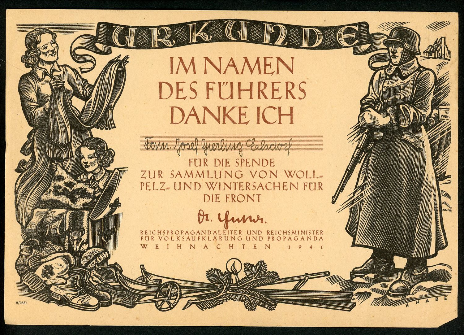 FACEBOOK AUCTION - German WW2 Urkunde WHW Document Thanking Man For Donating Clothing, Wool, Etc For The Front, Facsimile Signature of Josef Goebbels 1941