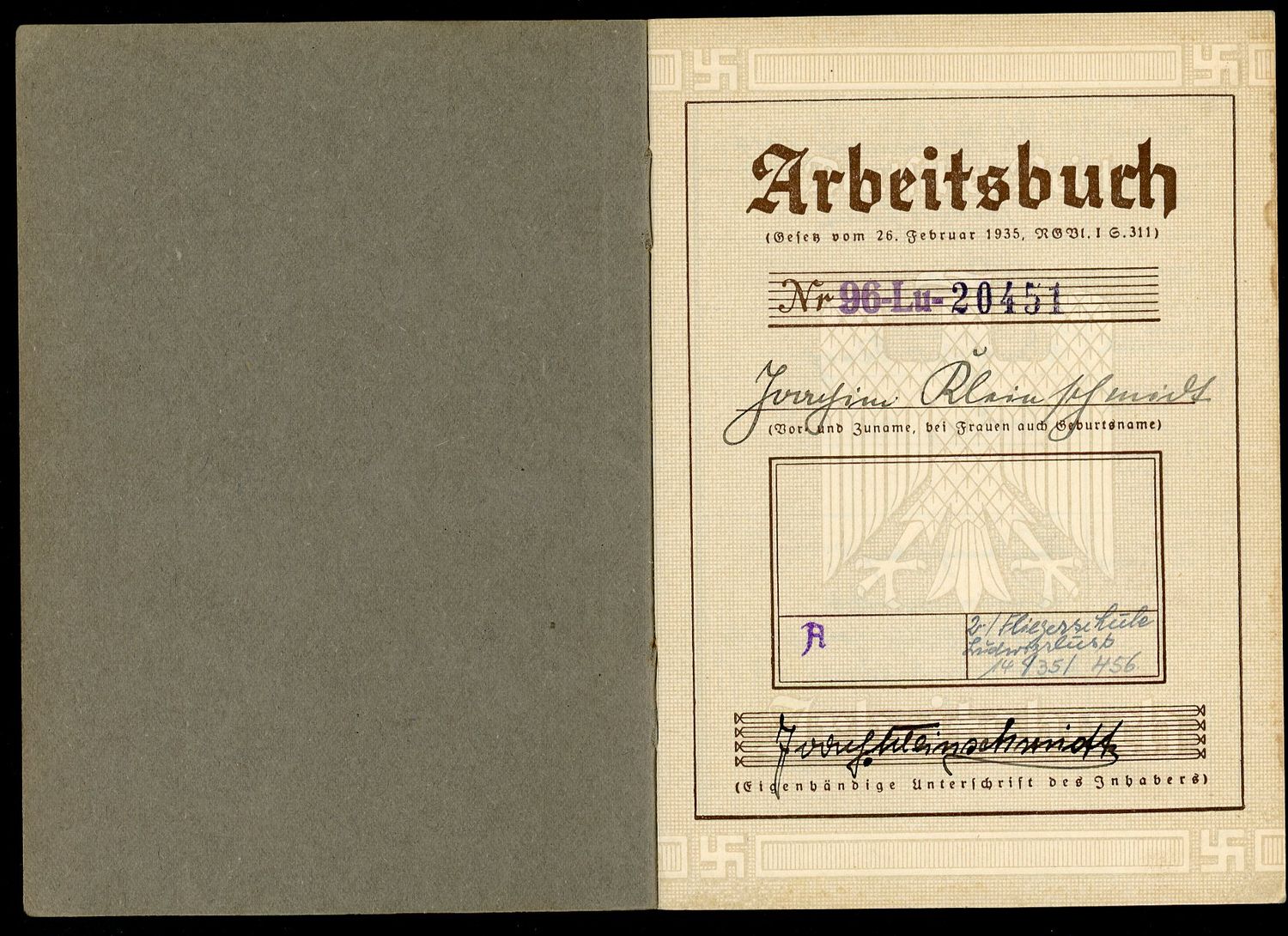 FACEBOOK AUCTION - German Third Reich Arbeitsbuch For Jorgen Kleinschmidt, Locksmith, Also Notation For Flight School
