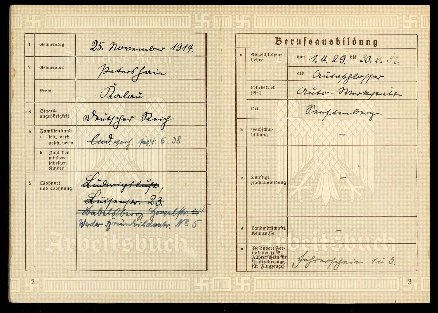 FACEBOOK AUCTION - German Third Reich Arbeitsbuch For Jorgen Kleinschmidt, Locksmith, Also Notation For Flight School