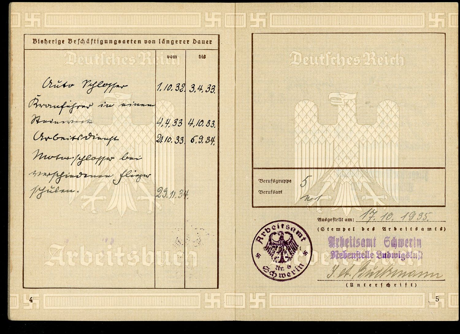 FACEBOOK AUCTION - German Third Reich Arbeitsbuch For Jorgen Kleinschmidt, Locksmith, Also Notation For Flight School
