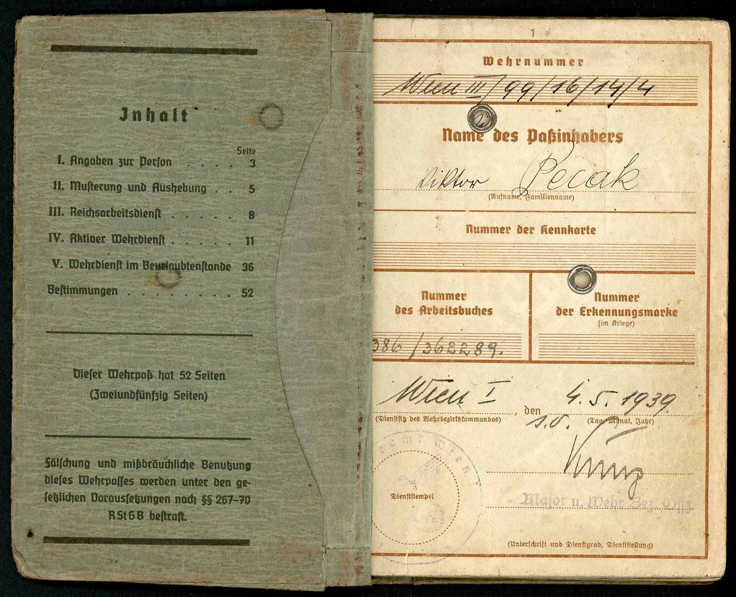 FACEBOOK AUCTION - German WW2 Wehrpass For Austrian Man, 2nd Pattern, WW1 Veteran, 2 Awards, NCO, Electrical Engineer,  A*