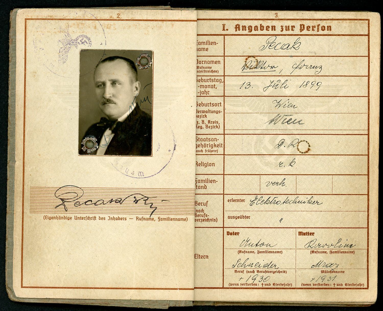 FACEBOOK AUCTION - German WW2 Wehrpass For Austrian Man, 2nd Pattern, WW1 Veteran, 2 Awards, NCO, Electrical Engineer,  A*