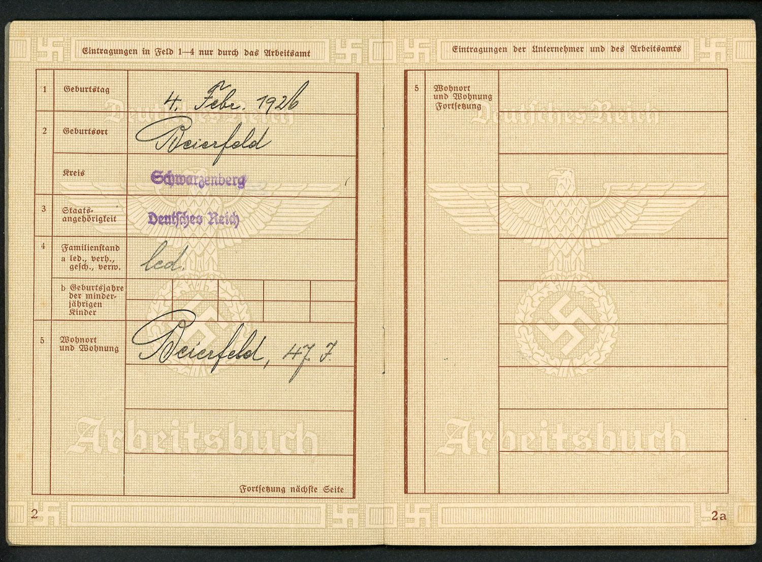 FACEBOOK AUCTION - German WW2 Arbeitsbuch For 17 Year Old Metal Worker, Later Deutsche Reichsbahn, A *