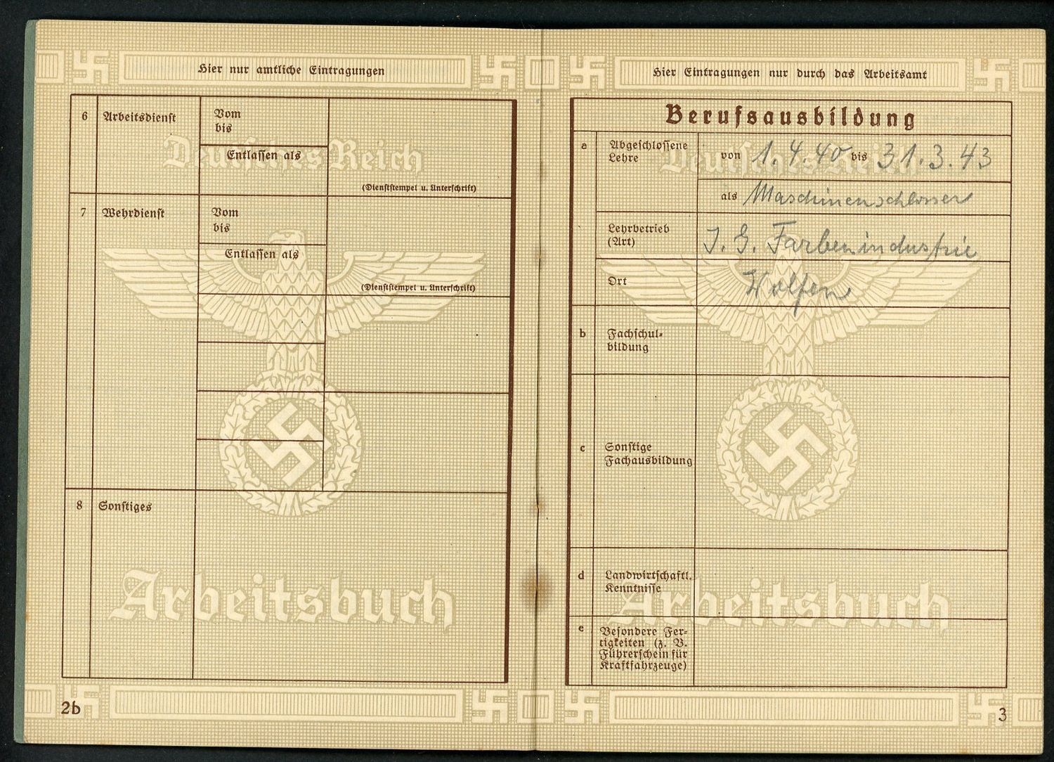 FACEBOOK AUCTION - German WW2 Arbeitsbuch For 13 Year Old Working In Paint Factory, War Year 1940, B*