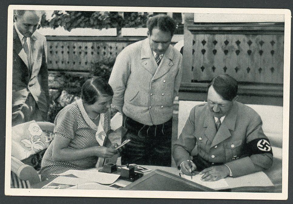 Z FACEBOOK AUCTION - German 3rd Reich Photo - Adolf H!tler At Obersalzberg Signing Documents Under Watchful Eyes of Rudolf Hess