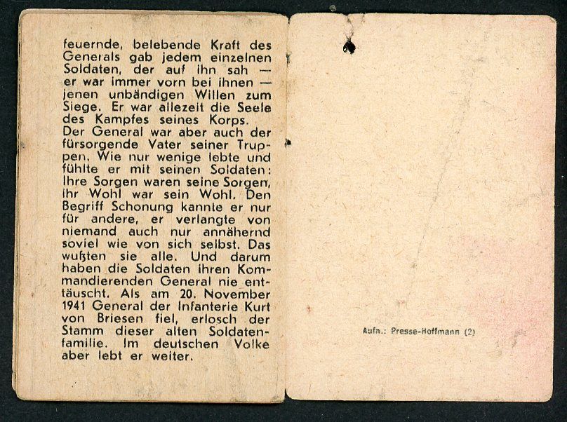 FACEBOOK AUCTION - German WW2 Army General Kurt von Briesen Knights Cross Mini Booklet From WHW Tag Der Wehrmacht 1942/43
