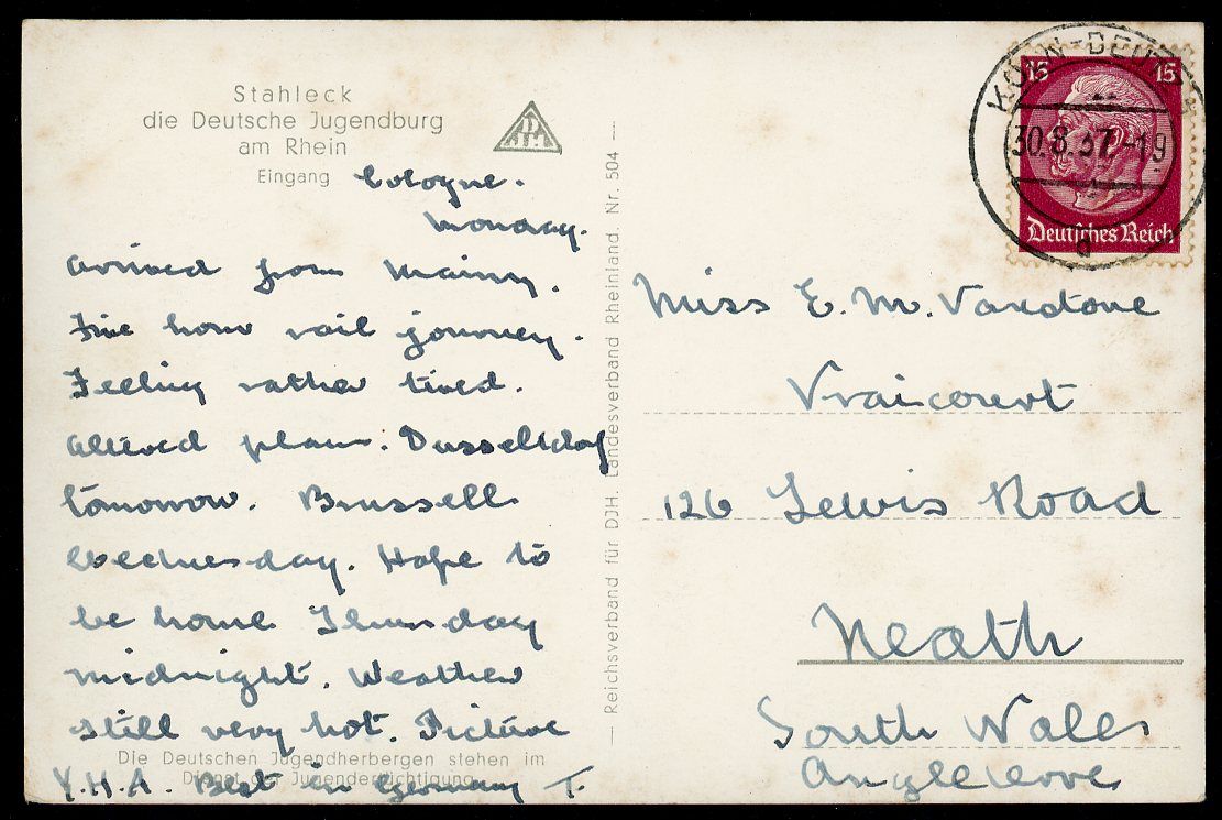 FACEBOOK AUCTION - German 3rd Reich Postcard of DJH Jugend Youth Hostel Castle On Rhein, Written in English On Back And Mailed To South Wales UK 1937