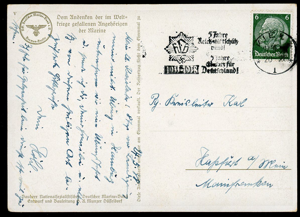 FACEBOOK AUCTION - German 3rd Reich Postcard Marine Monument Laboe in Kiel, RLB Swaz Postmark + NS Veteran&#39;s logo from Postcard Maker 1938