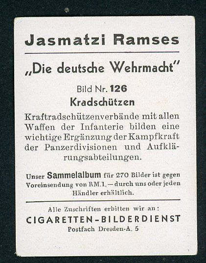 FACEBOOK AUCTION - German 3rd Reich Cigarette Card Deutsche Wehrmacht Heer Motorcycle Teams In Helmets &amp; Gasmasks