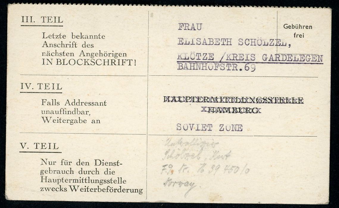 FACEBOOK AUCTION - Rare Card For Wehrmacht Soldier Held In British Zone Looking For Next of Kin, Who is Located in Soviet Zone 1946