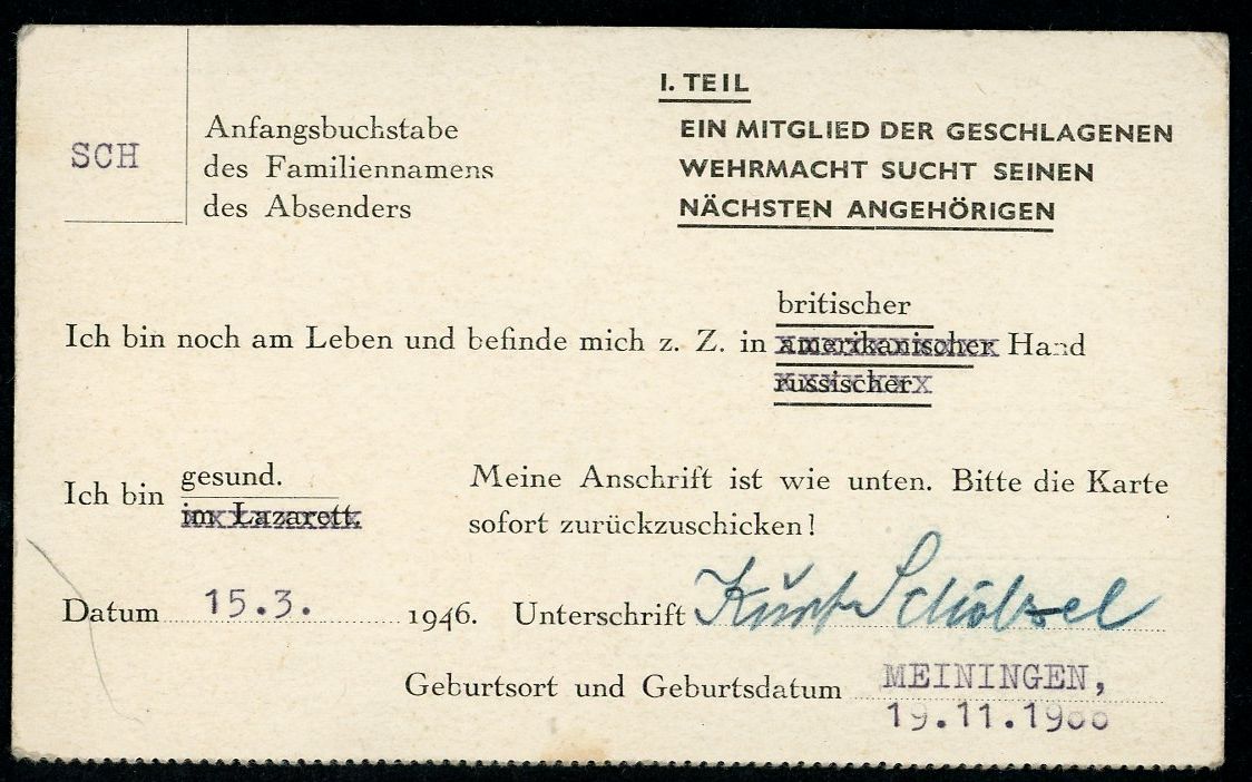 FACEBOOK AUCTION - Rare Card For Wehrmacht Soldier Held In British Zone Looking For Next of Kin, Who is Located in Soviet Zone 1946