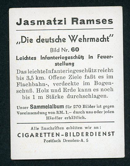 FACEBOOK AUCTION - German 3rd Reich Cigarette Card Deutsche Wehrmacht 75mm Infantry Gun &amp; Crew Wearing Helmets and Gasmasks