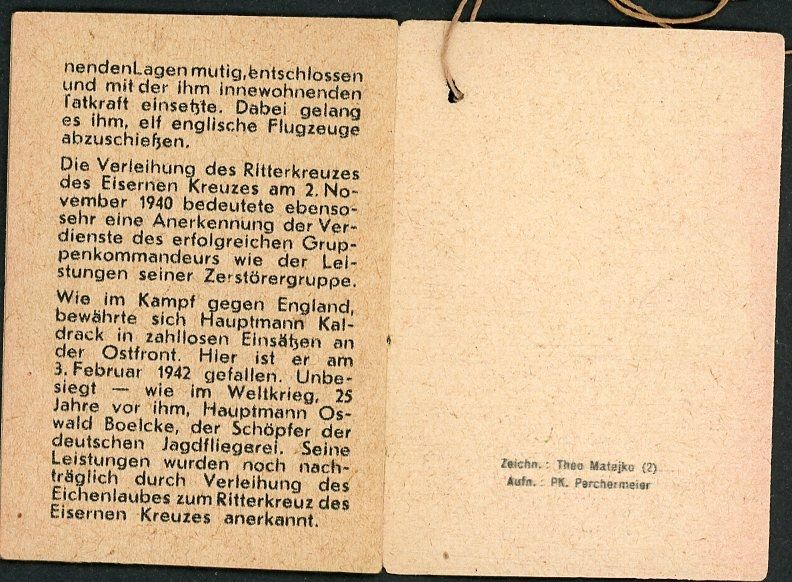 FACEBOOK AUCTION - German WW2 Luftwaffe Ace Hauptmann Rolf Kaldruck Knights Cross Mini Booklet From WHW Tag Der Wehrmacht 1942/43