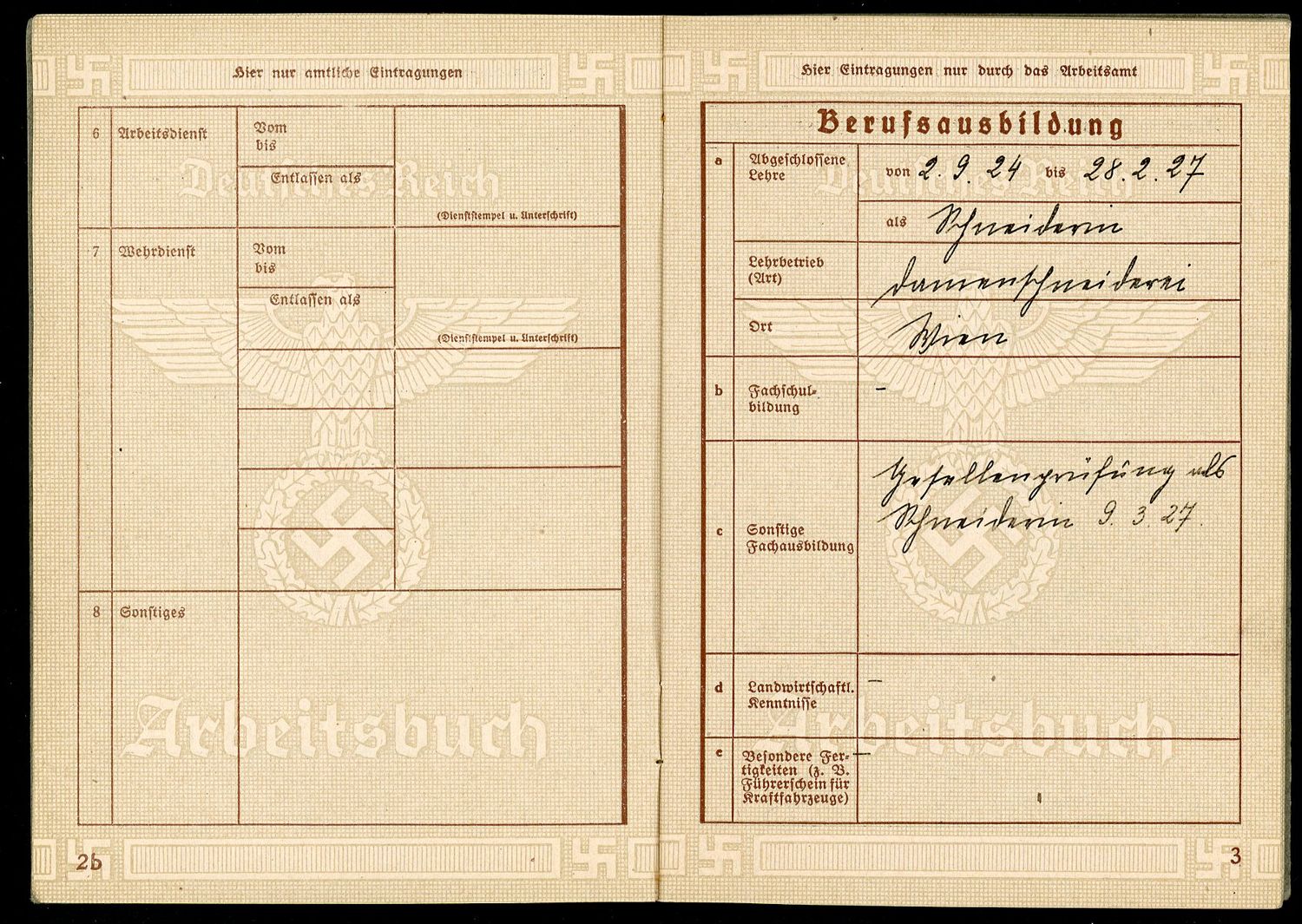 FACEBOOK AUCTION - German WW2 Arbeitsbuch 2nd Pattern For Woman Who Worked in Fashion Salon1939 through 1948, Held One Job For 9 Years!
