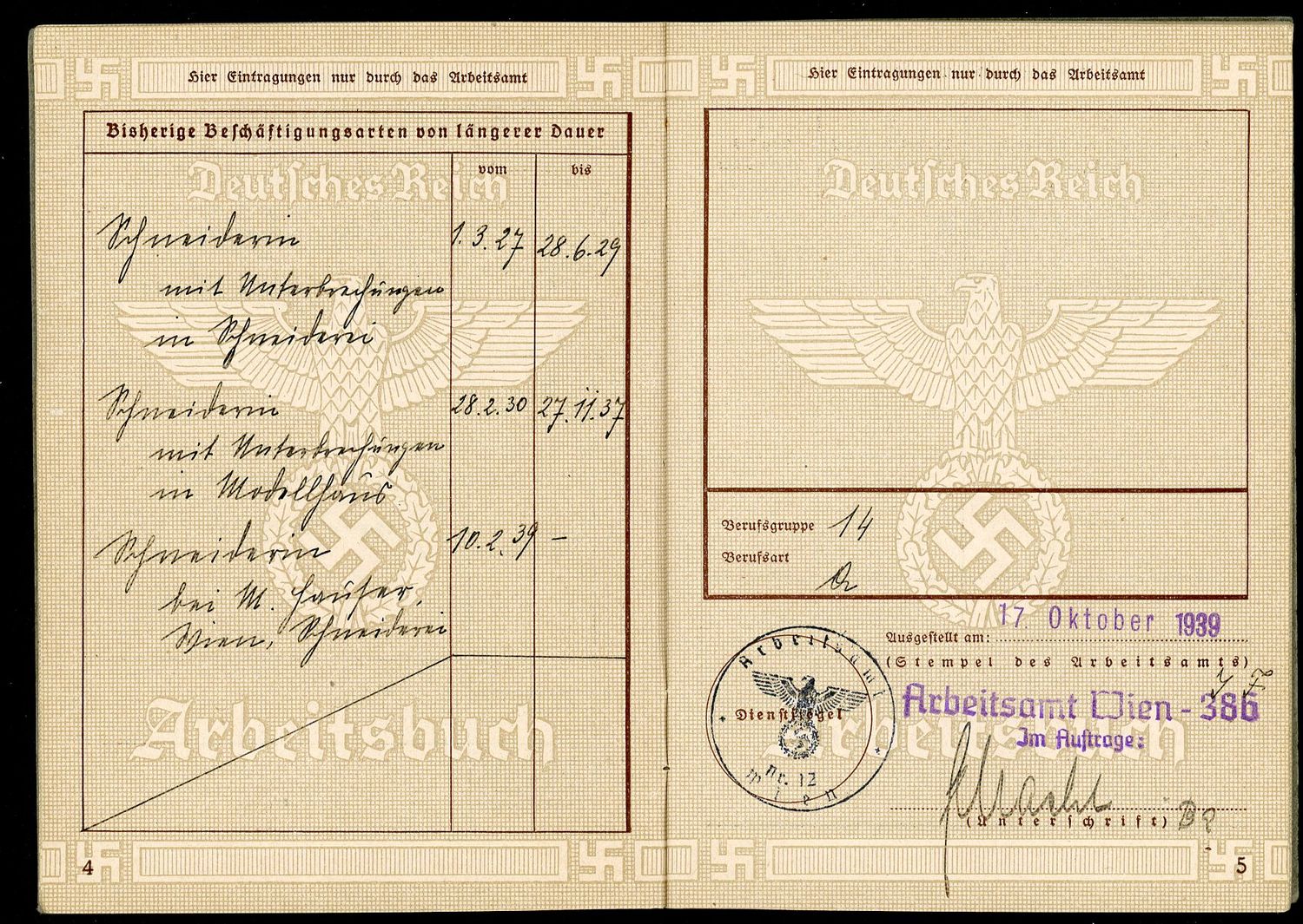 FACEBOOK AUCTION - German WW2 Arbeitsbuch 2nd Pattern For Woman Who Worked in Fashion Salon1939 through 1948, Held One Job For 9 Years!