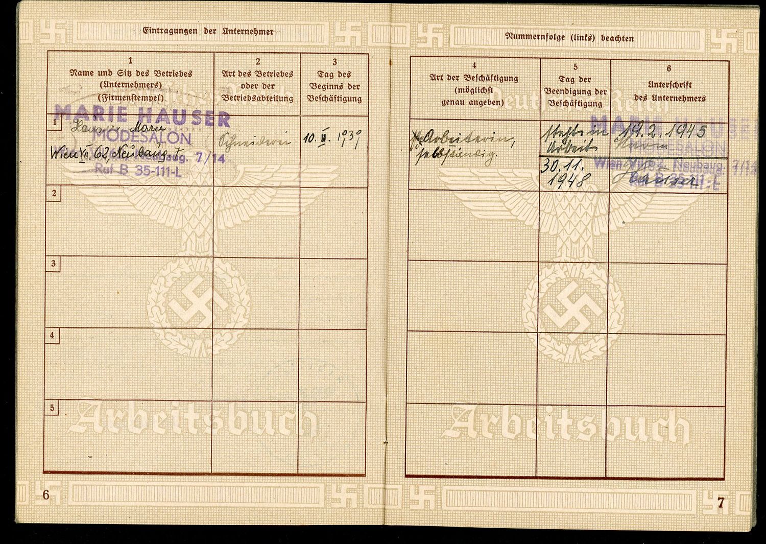 FACEBOOK AUCTION - German WW2 Arbeitsbuch 2nd Pattern For Woman Who Worked in Fashion Salon1939 through 1948, Held One Job For 9 Years!