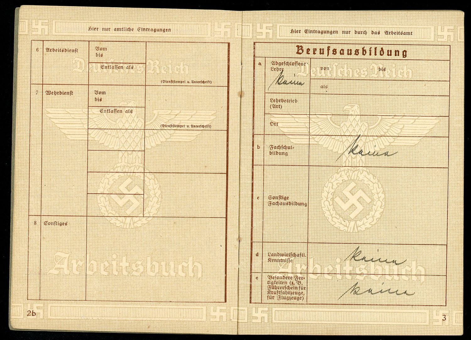 FACEBOOK AUCTION - German WW2 Arbeitsbuch For Teenage Girl Elise Walter, 5 Job Entries From 1938 to 1940, A*