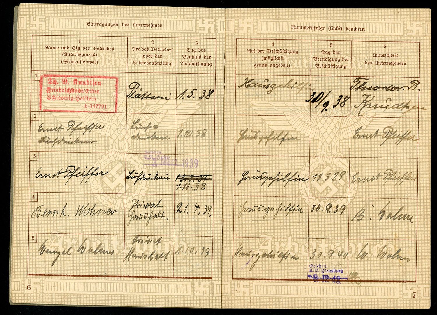 FACEBOOK AUCTION - German WW2 Arbeitsbuch For Teenage Girl Elise Walter, 5 Job Entries From 1938 to 1940, A*